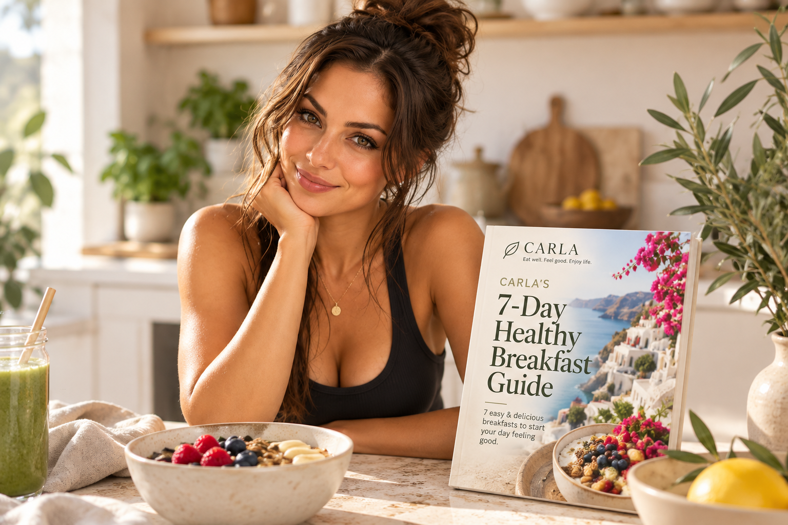 Carla in her kitchen with her 7-Day Healthy Breakfast Guide